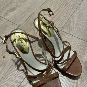 Michael Kors Brown Leather Strappy Heels with Gold Accents